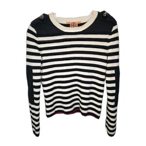 Tory Burch Womens Wool Sweater Size XS Ivory Black Striped Button Elbow Patch